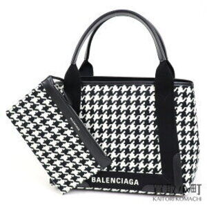 Balenciaga Navy Blue Cabas canvas tote bag white black houndstooth pattern